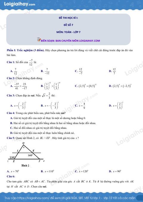 Đề thi học kì 1 Toán 7 - Đề số 7 - Kết nối tri thức